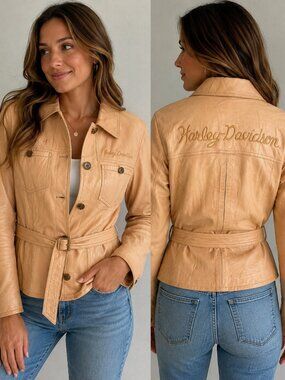 Y2K Harley-Davidson Women's Genuine Leather Belted Jacket Size M